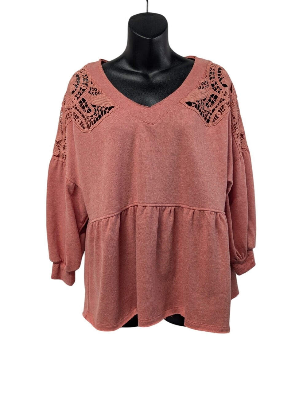 C Est. 1946 Size M Dusty Rose Lace Shoulder Peplum 3/4 Sleeve Top Blouse NWT